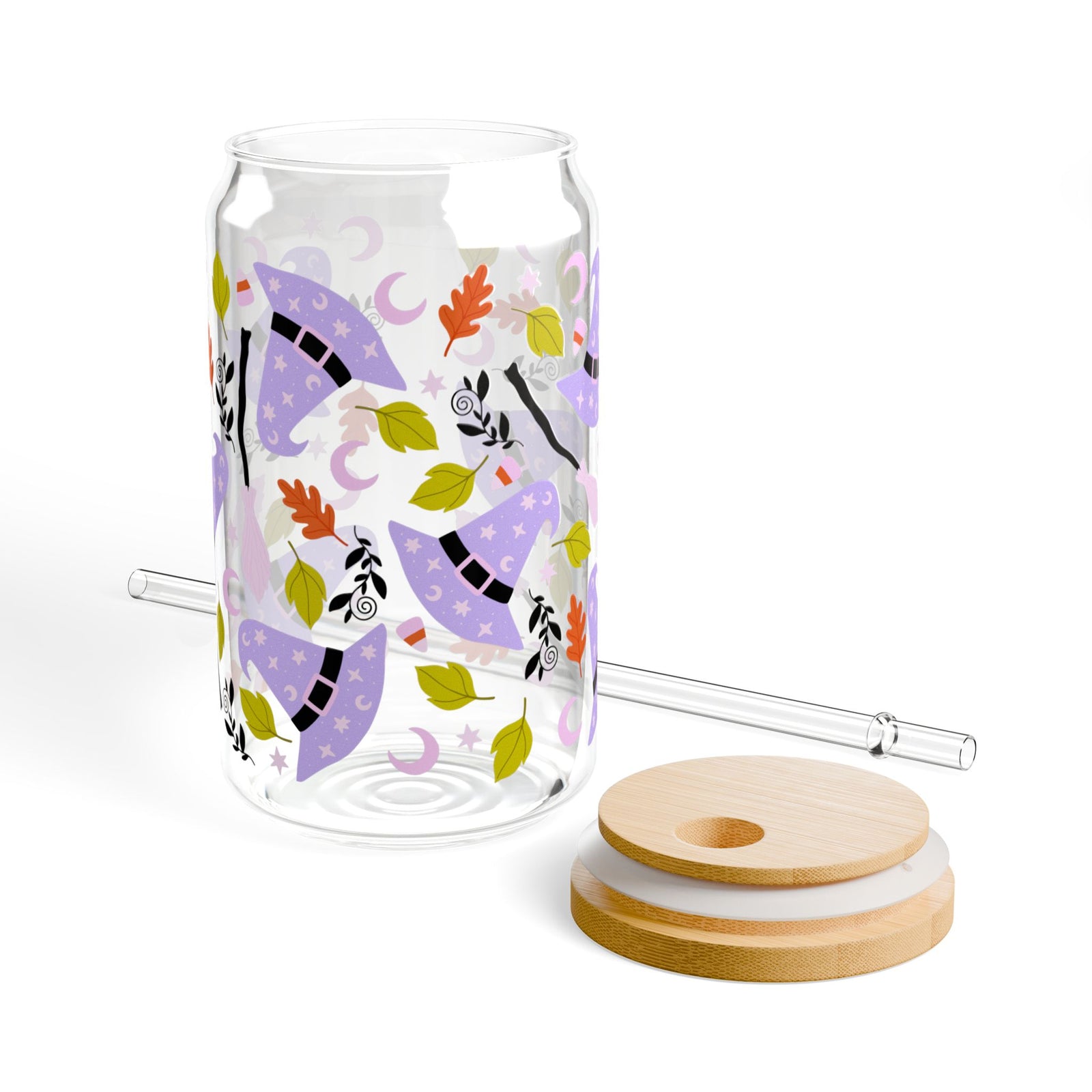 Witchy Lavender Witch Hat & Floral Fall Sipper Glass 16oz Reusable Drink Jar with Lid & Straw