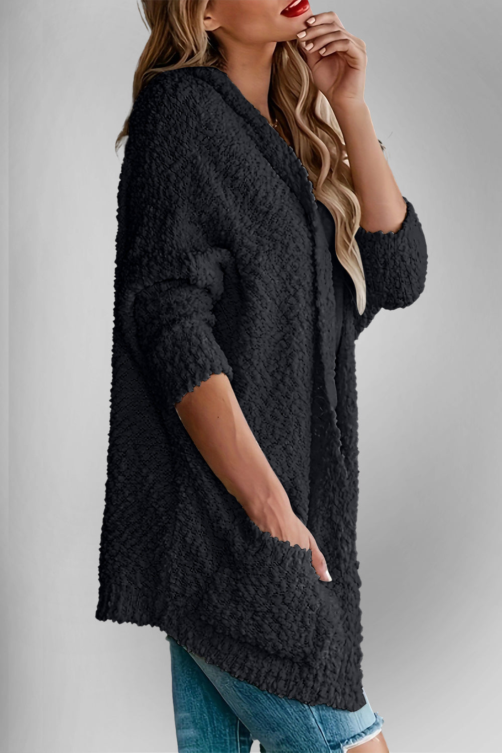 Double Take Pocketed Open Front Long Sleeve Cardigan Sweater - Sydney So Sweet