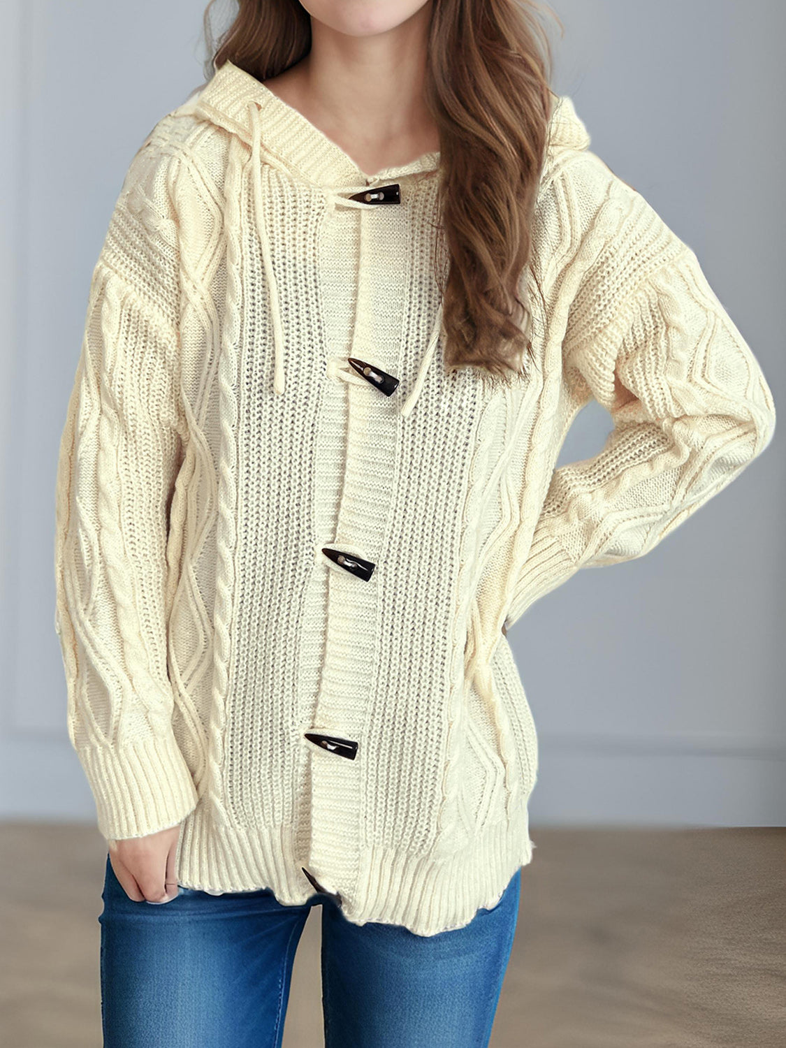 Cable-Knit Long Sleeve Hooded Cardigan - Sydney So Sweet