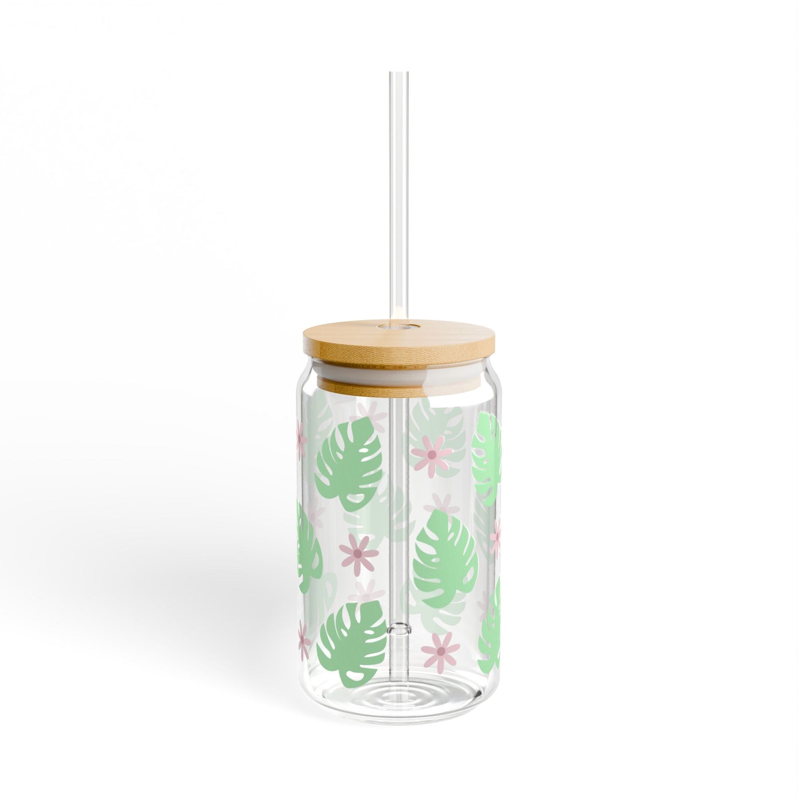 Monstera Plant Tumbler Sipper Glass 16oz — Reusable Drink Jar with Lid & Straw