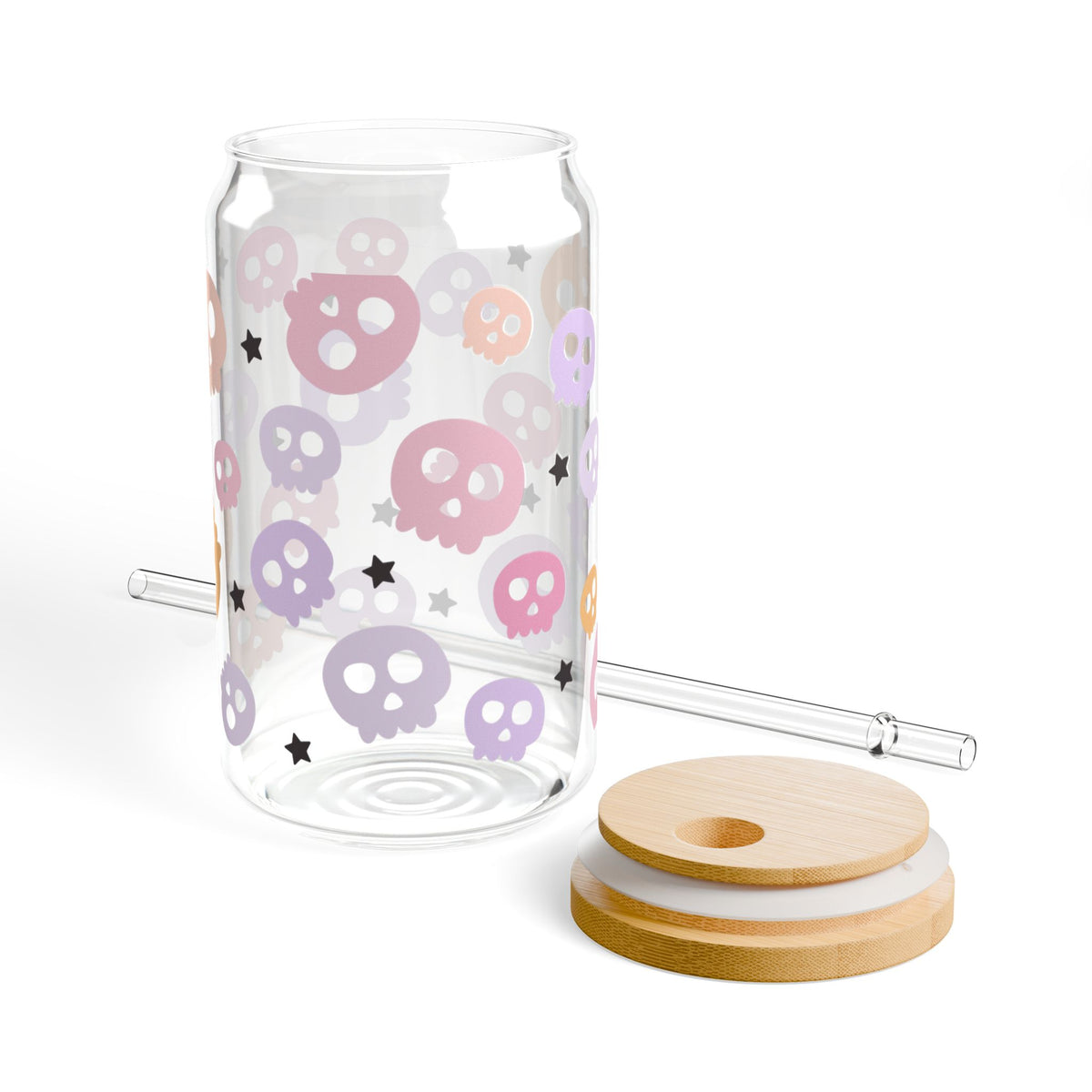 Spooky Pastel Skulls Halloween Sipper Glass 16oz Reusable Drink Jar with Lid & Straw
