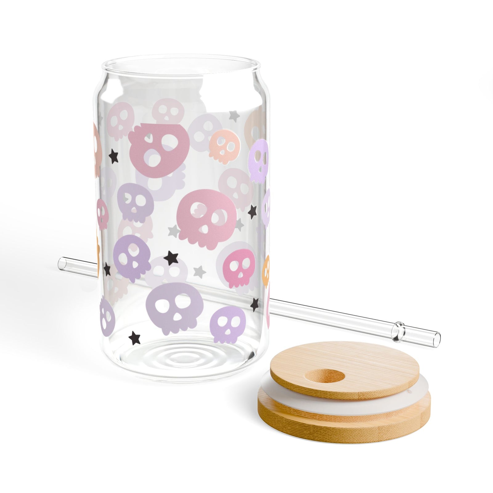 Spooky Pastel Skulls Halloween Sipper Glass 16oz Reusable Drink Jar with Lid & Straw