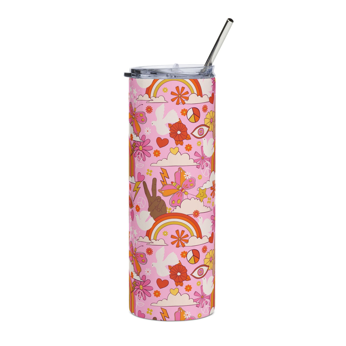 Peace Retro Floral Rainbow 20oz Floral Stainless Tumbler Insulated Travel Cup - Sydney So Sweet