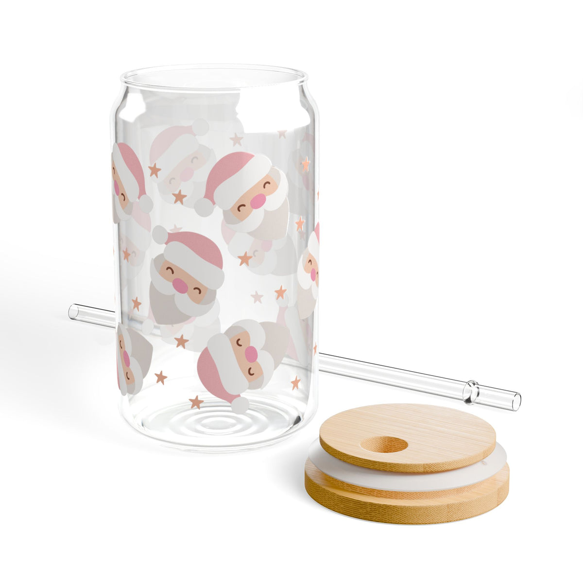 Pink Santa Claus Christmas Sipper Glass 16oz Reusable Drink Jar with Lid & Straw
