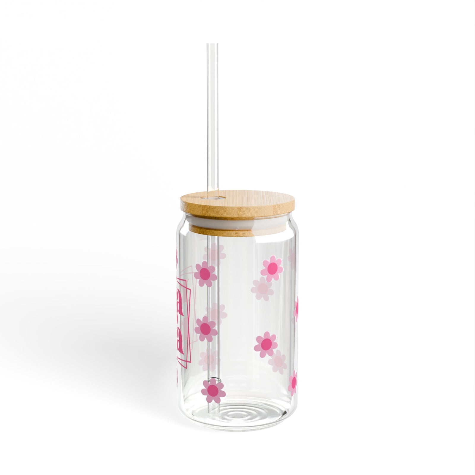 Mama Pink Flower Tumbler Sipper Glass 16oz — Reusable Drink Jar with Lid & Straw