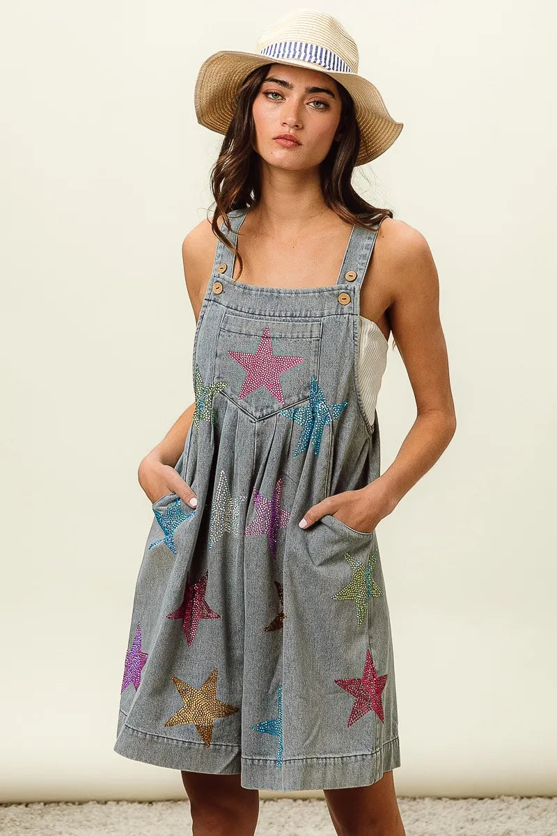 BiBi Star Rhinestone Washed Wide Leg Shortalls - Sydney So Sweet