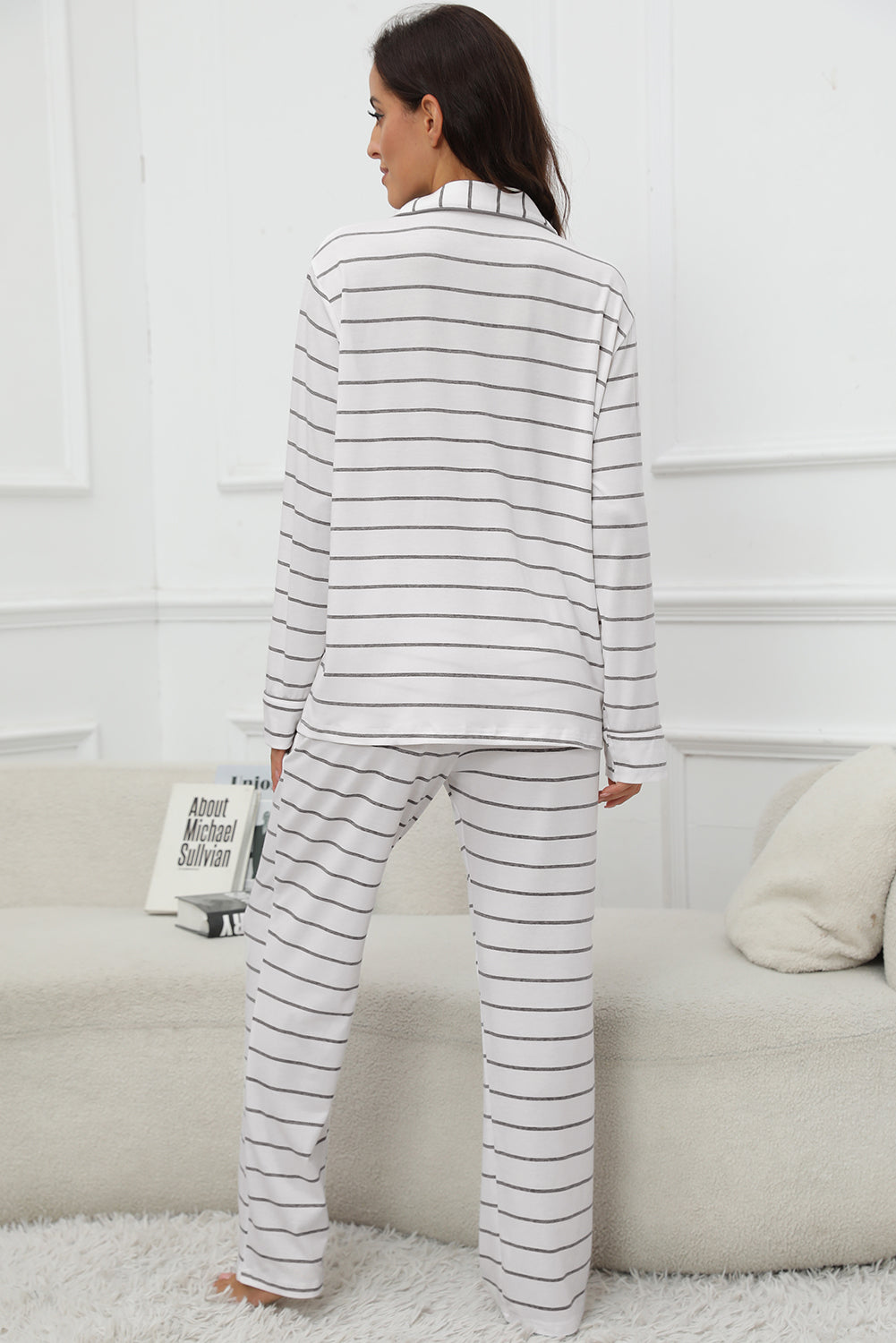 Striped V-Neck Long Sleeve Top and Pants Lounge Set - Sydney So Sweet