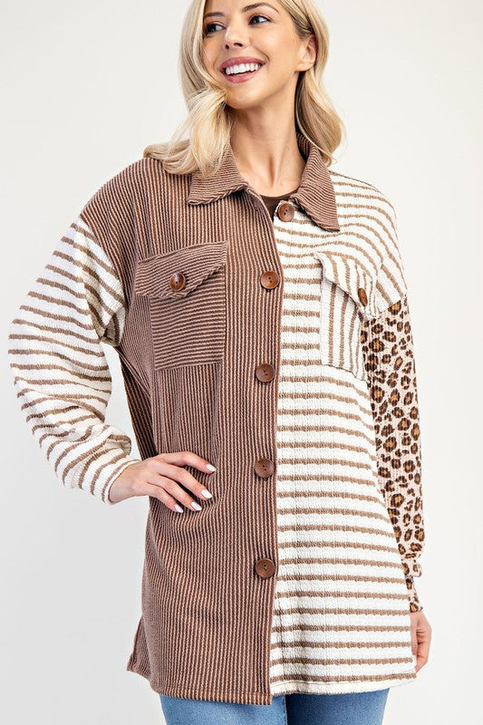 Celeste Full Size Leopard Contrast Button Up Shacket - Sydney So Sweet