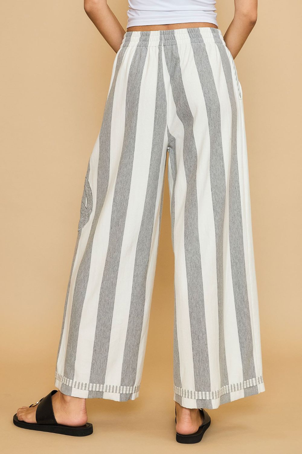 Umgee Peace Sign Patch Striped Wide Leg Pants - Sydney So Sweet