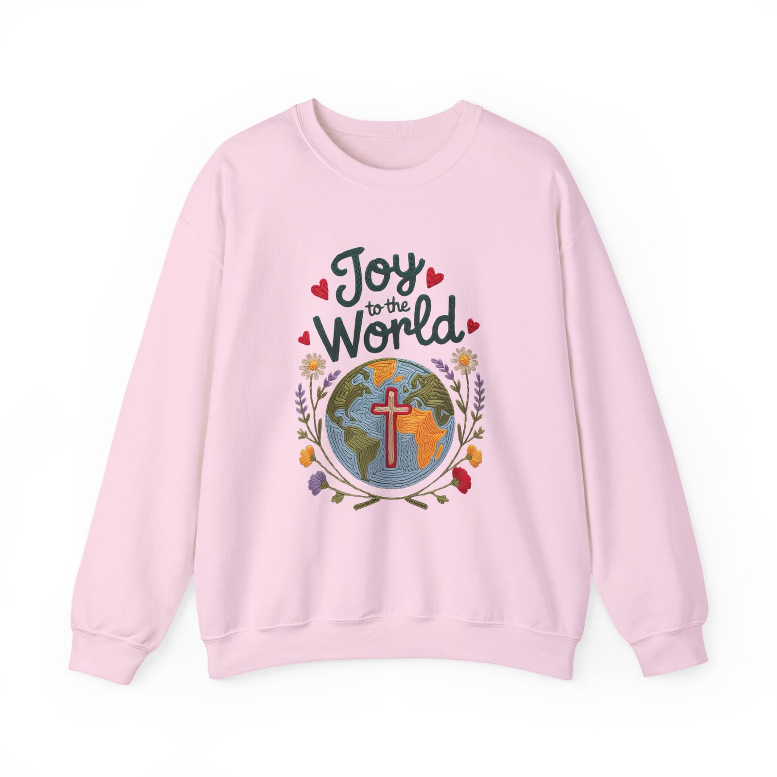 Joy to the World Faux Embroidery Christmas World & Cross Crewneck Unisex Sweatshirt