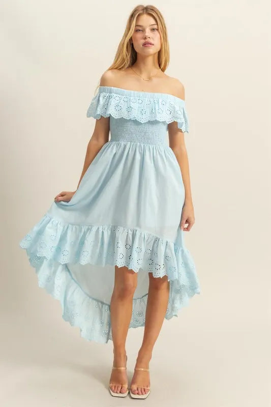 HYFVE High-Low Eyelet Ruffled Off-Shoulder Dress - Sydney So Sweet