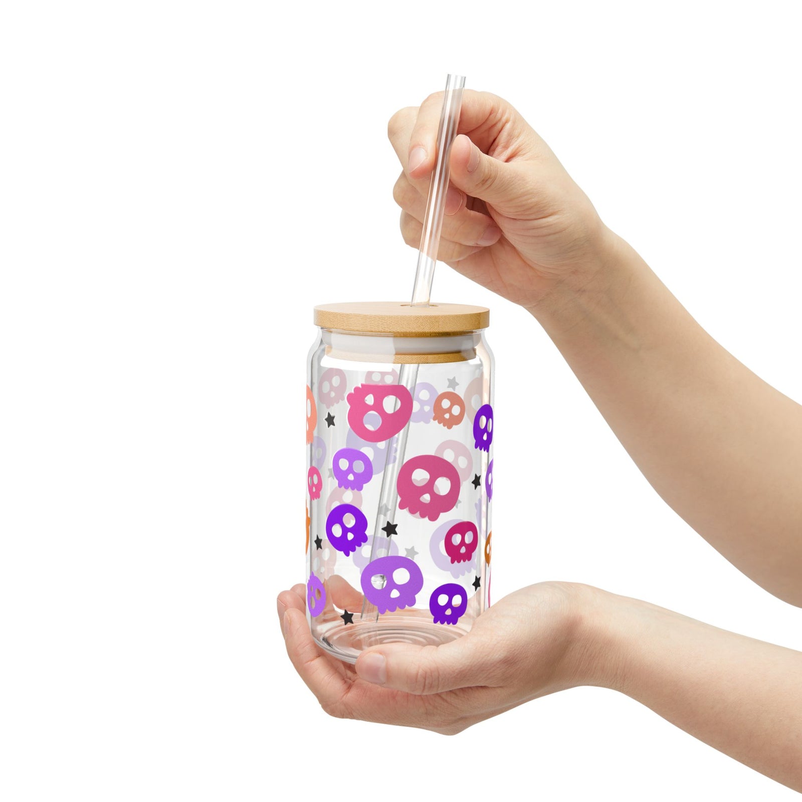 Spooky Bright Skulls Halloween Sipper Glass 16oz Reusable Drink Jar with Lid & Straw