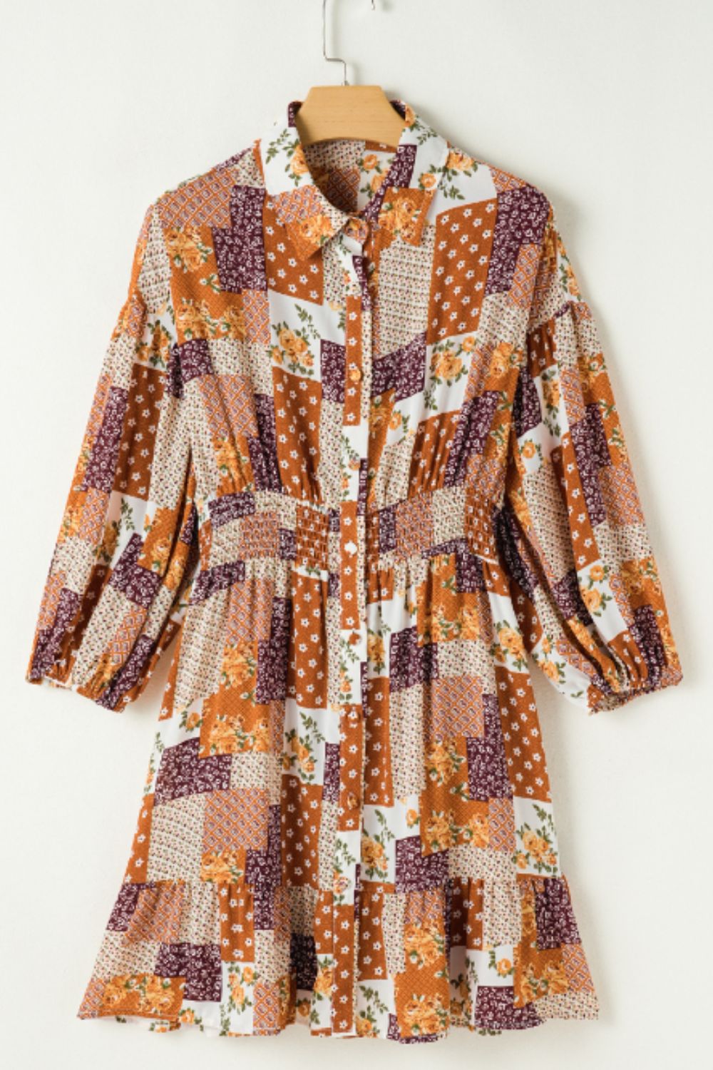 Printed Collared Neck Three-Quarter Sleeve Mini Shirt Dress - Sydney So Sweet