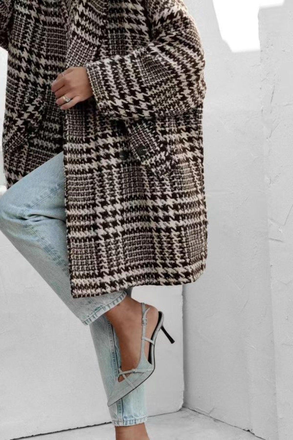 Houndstooth Collared Neck Long Sleeve Coat with Pockets - Sydney So Sweet