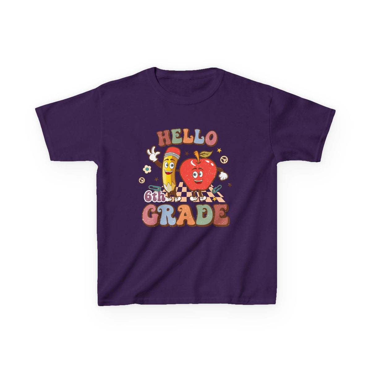 Hello 6th Grade Cute Apple & Pencil Graphic Tee Back-to-School Sixth Grade Kids T-Shirt