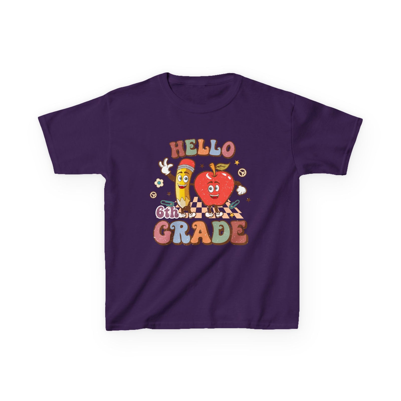 Hello 6th Grade Cute Apple & Pencil Graphic Tee Back-to-School Sixth Grade Kids T-Shirt