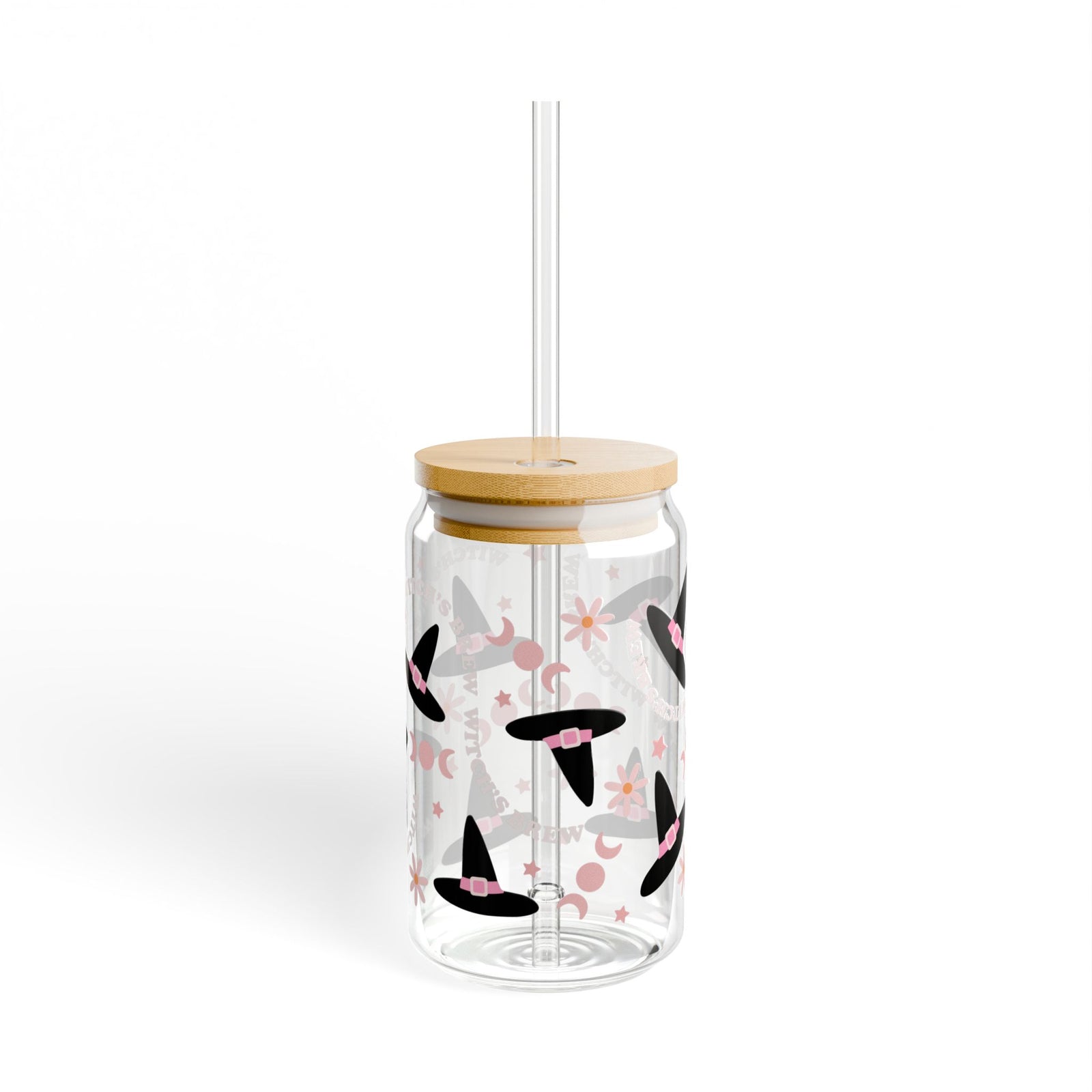 Witch's Brew & Hats Halloween Sipper Glass 16oz Reusable Drink Jar with Lid & Straw