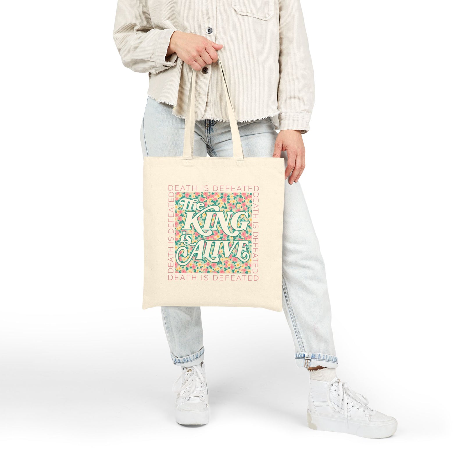 The King is Alive Christian Floral Easter Cotton Canvas Tote Bag