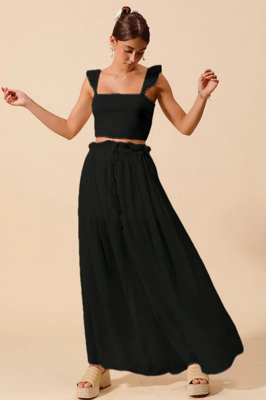 smocked top maxi dress SO ME Smocked Top and Flowy Maxi Skirt Set Black / S