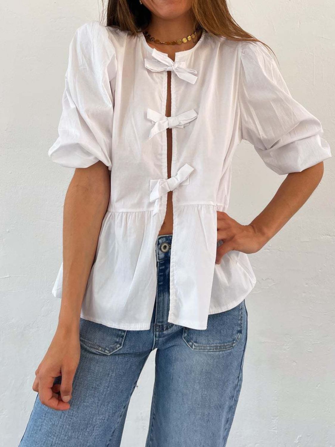 Tied Round Neck Balloon Sleeve Shirt - Sydney So Sweet