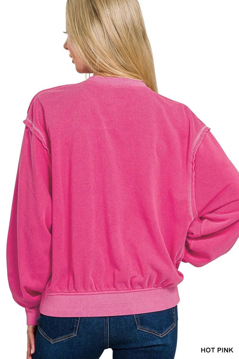 Zenana Soft Fleece Pigment Dye Round Neck Pullover - Sydney So Sweet