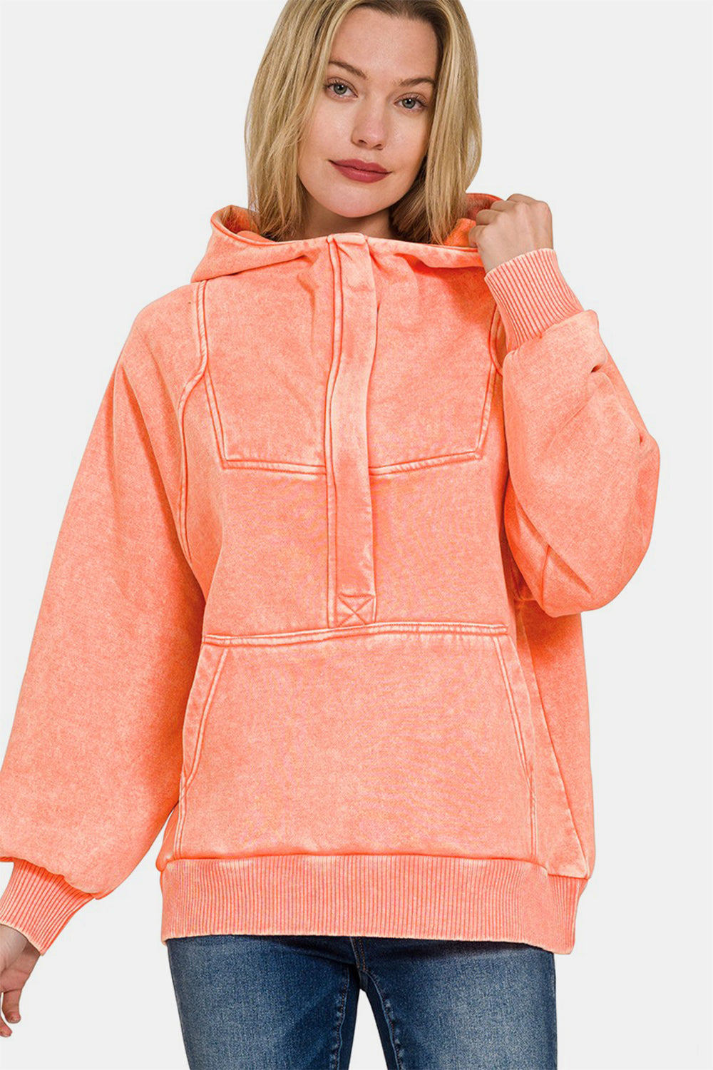 Zenana Acid Wash Fleece Kangaroo Hoodie - Sydney So Sweet