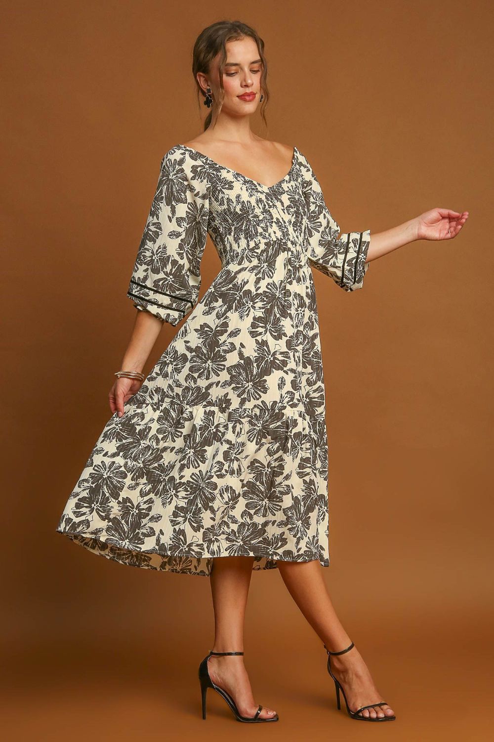 Umgee Ruffle Hem Flower Printed V-Neck Dress - Sydney So Sweet