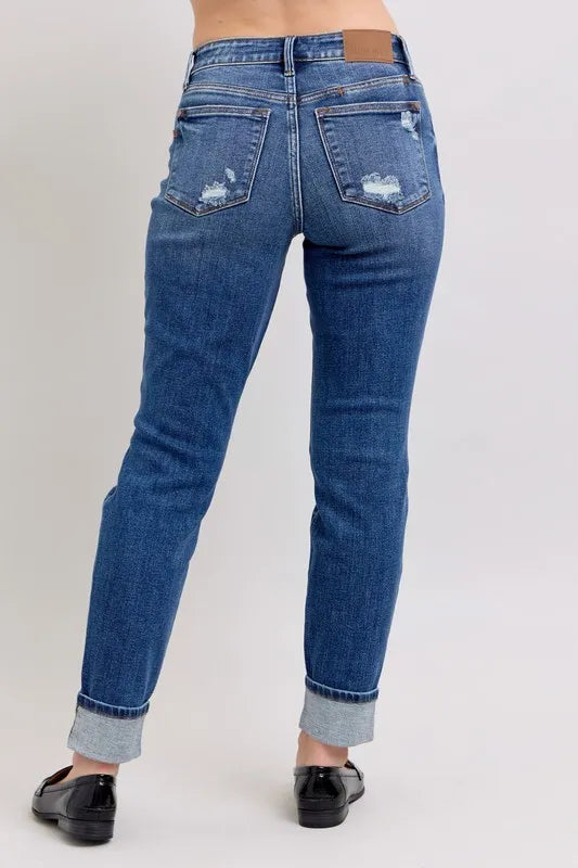 Judy Blue Full Size Mid Rise Boyfriend destroy Jeans with Yoke Pockets and Faux Selvedge Cuff Plus Size - Sydney So Sweet