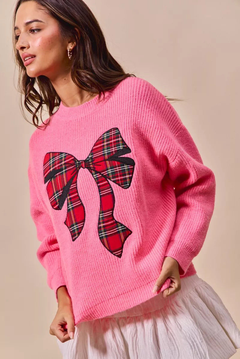 SO ME Checker Plaid Ribbon Christmas Holiday Sweater - Sydney So Sweet