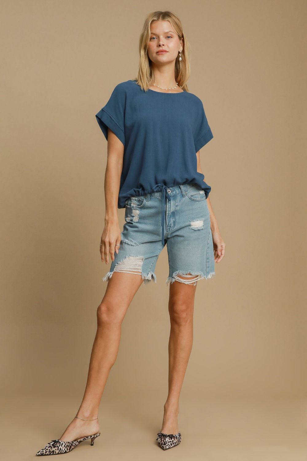 Umgee Drawstring Hem Round Neck Short Sleeve T-Shirt - Sydney So Sweet