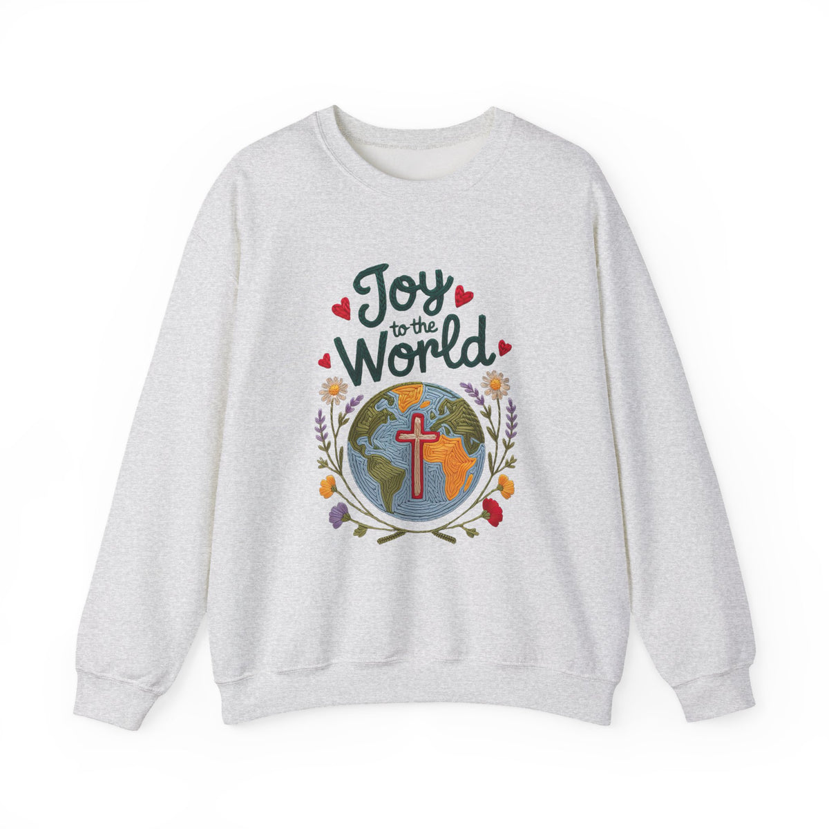 Joy to the World Faux Embroidery Christmas World & Cross Crewneck Unisex Sweatshirt