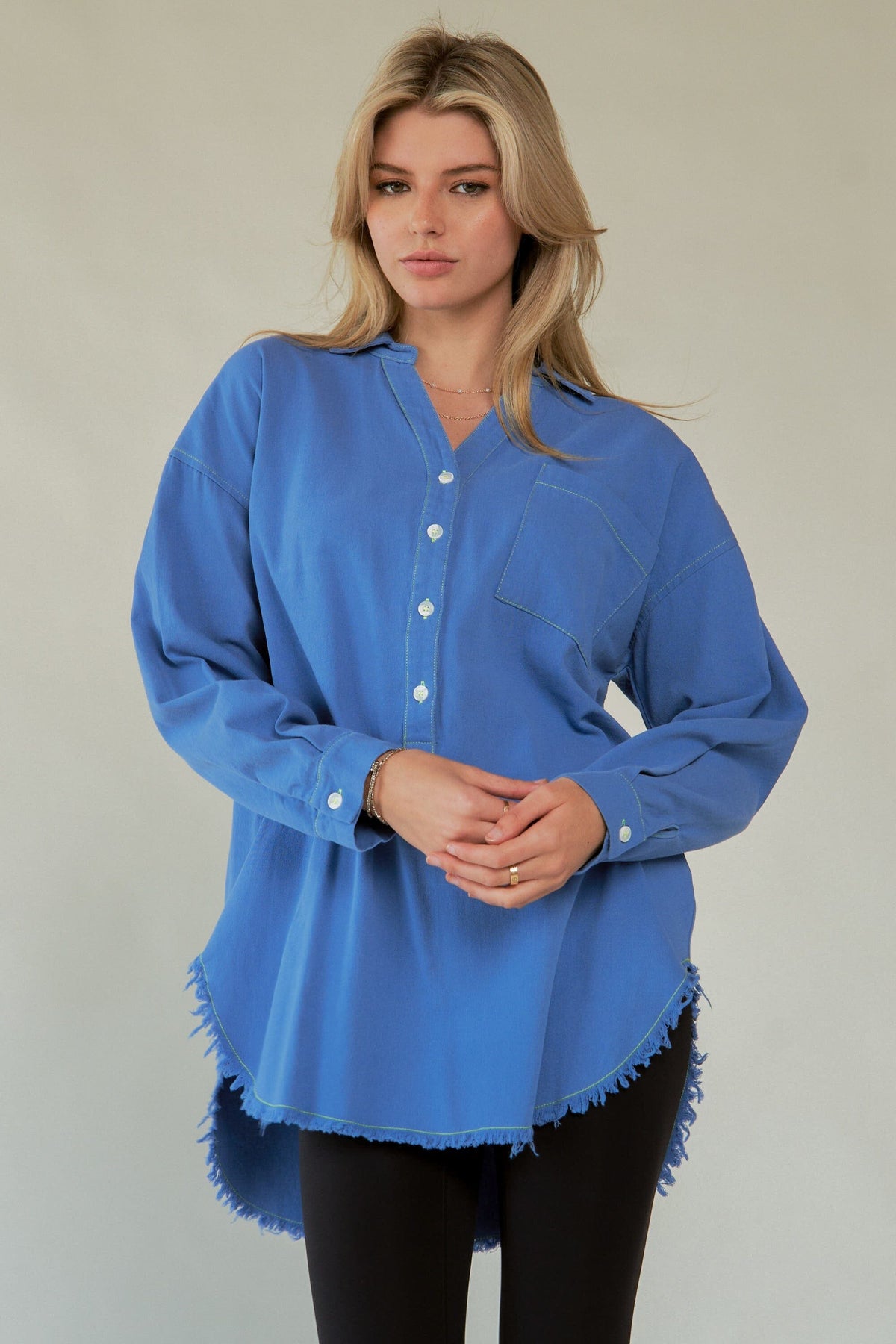 Davi & Dani Letter Back Raw Hem Half Button Shirt - Sydney So Sweet