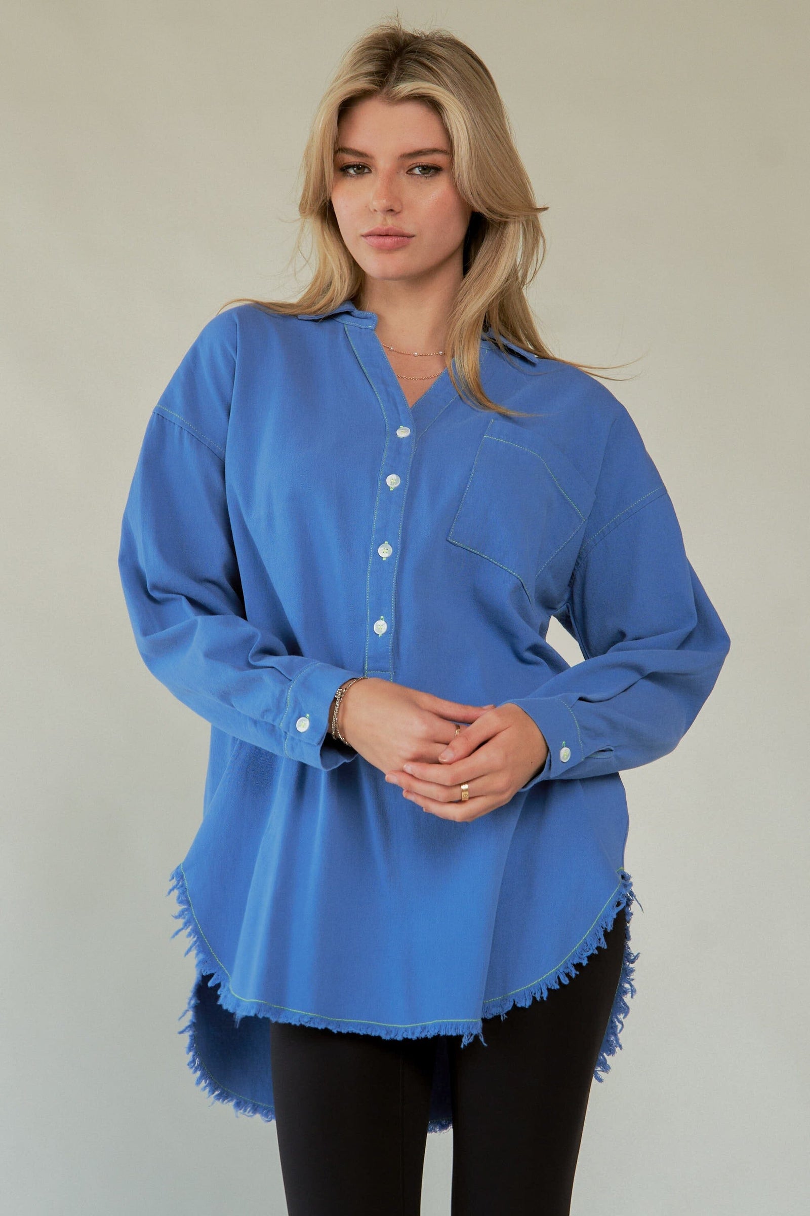 Davi & Dani Letter Back Raw Hem Half Button Shirt - Sydney So Sweet
