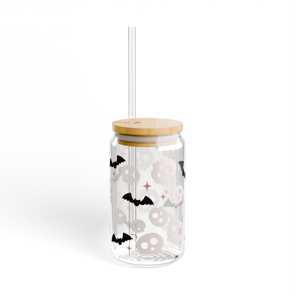 Spooky Halloween Skull & Bats Sipper Glass 16oz Reusable Drink Jar with Lid & Straw