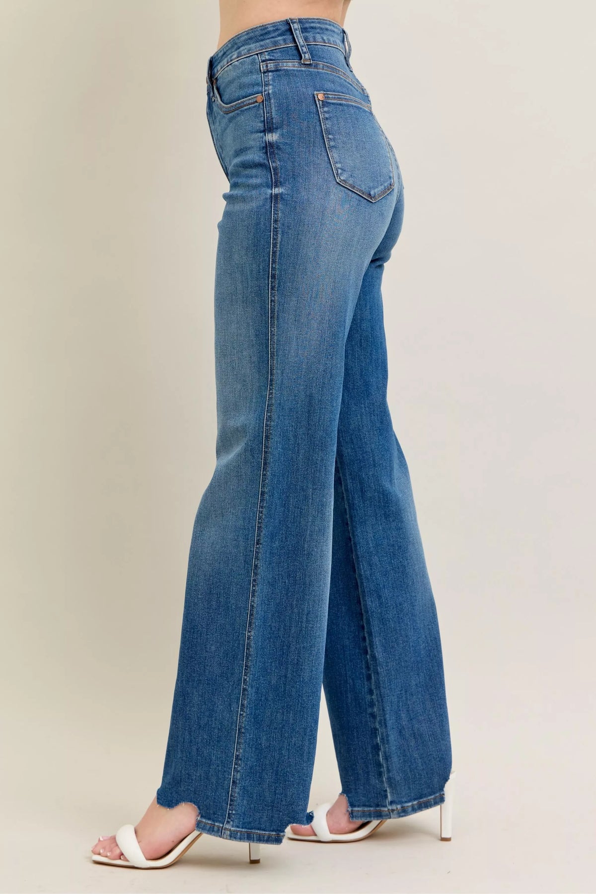 Judy Blue Full Size High Waist Tummy Control Chew Hem Destroy Wide Jeans Plus Size - Sydney So Sweet
