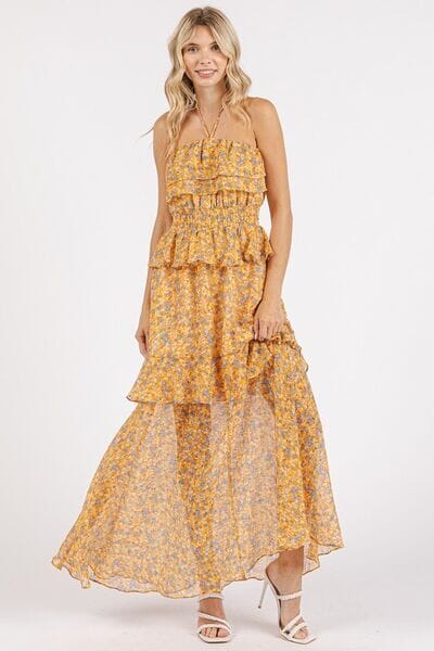 Mittoshop Ruffled Smocked Floral Halter Neck Maxi Dress - Sydney So Sweet