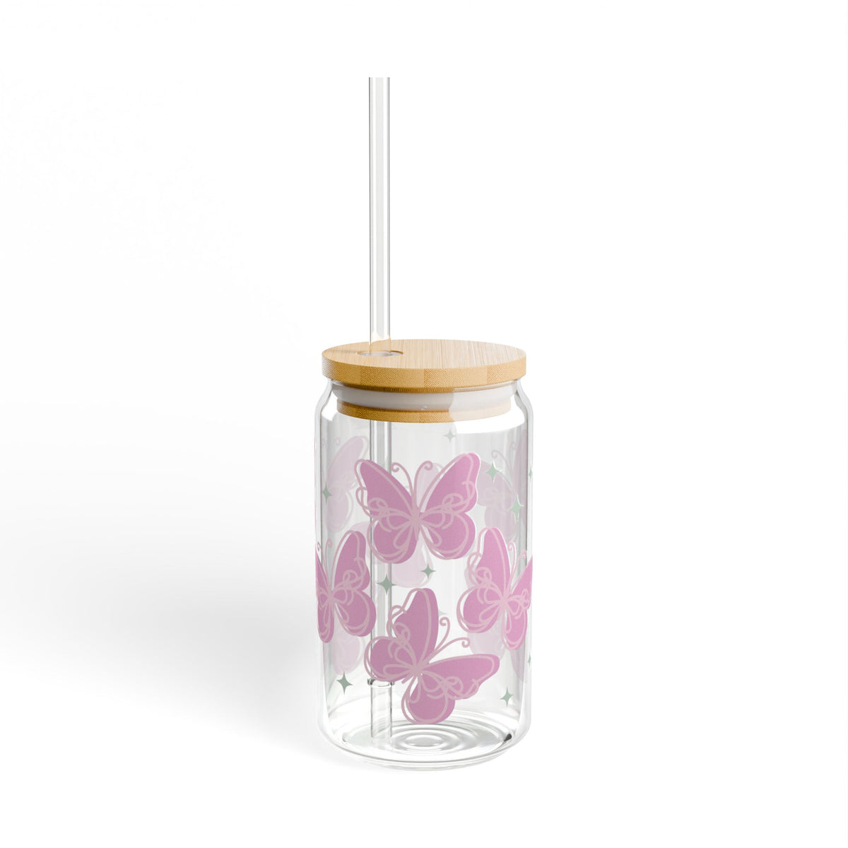 Flutter Pink Butterfly Tumbler Sipper Glass 16oz — Reusable Drink Jar with Lid & Straw