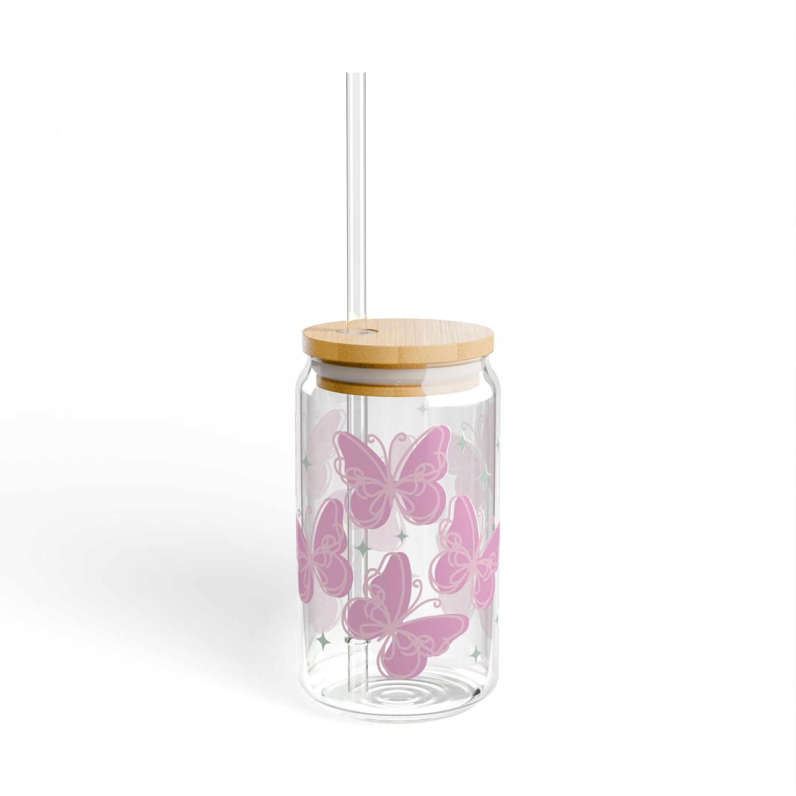 Flutter Pink Butterfly Tumbler Sipper Glass 16oz — Reusable Drink Jar with Lid & Straw