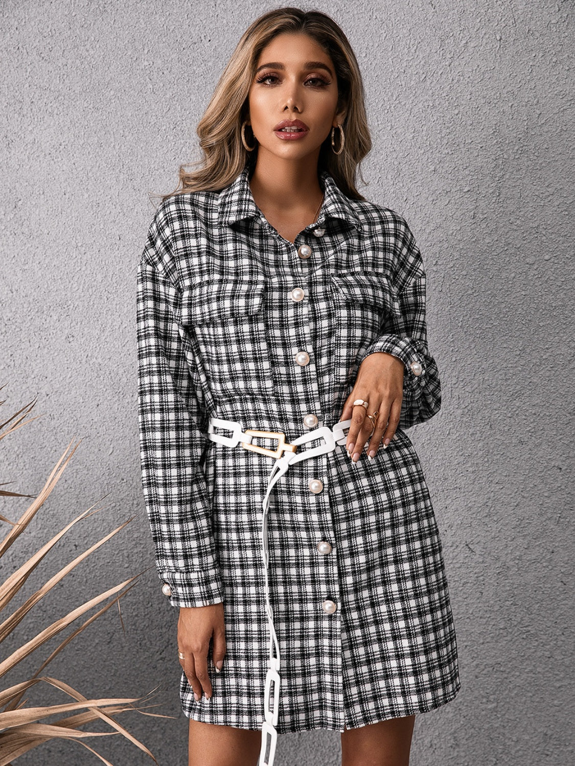 Pocketed Plaid Long Sleeve Mini Dress - Sydney So Sweet