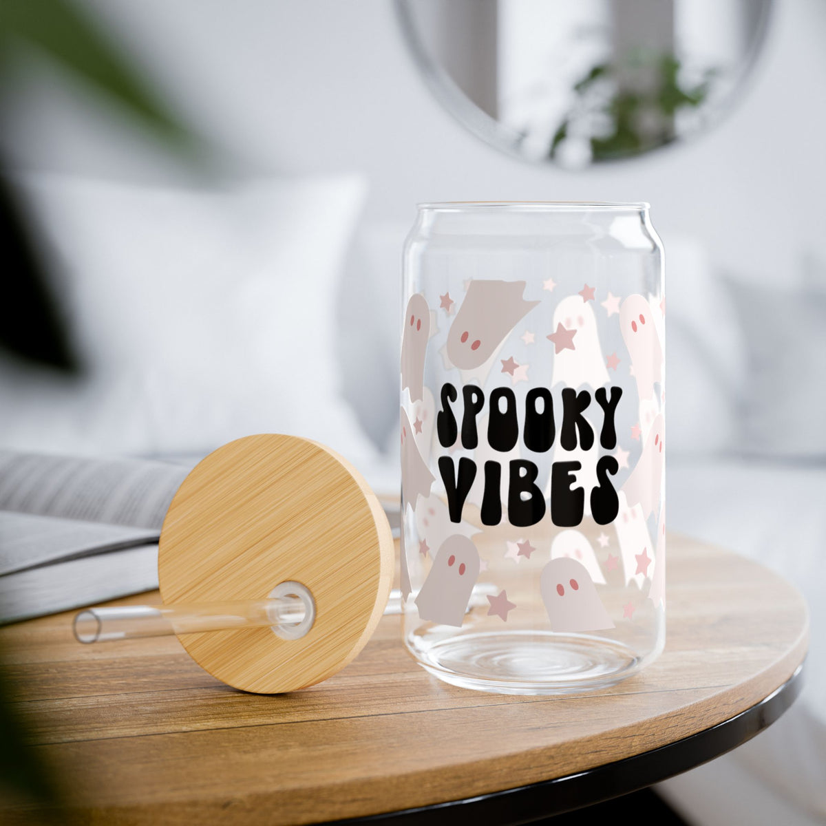 Spooky Vibes Ghost Halloween Sipper Glass 16oz Reusable Drink Jar with Lid & Straw