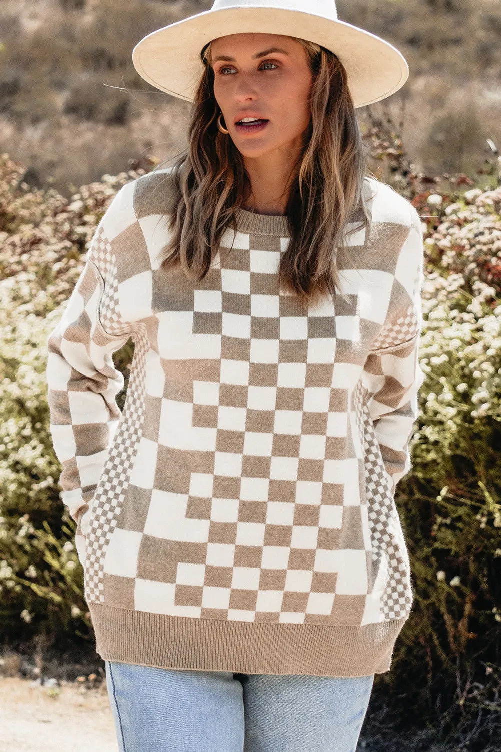 Checkered Round Neck Long Sleeve Sweater - Sydney So Sweet