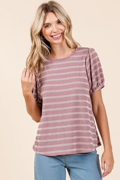 Mittoshop Contrast Striped Short Puff Sleeve Knit Top - Sydney So Sweet