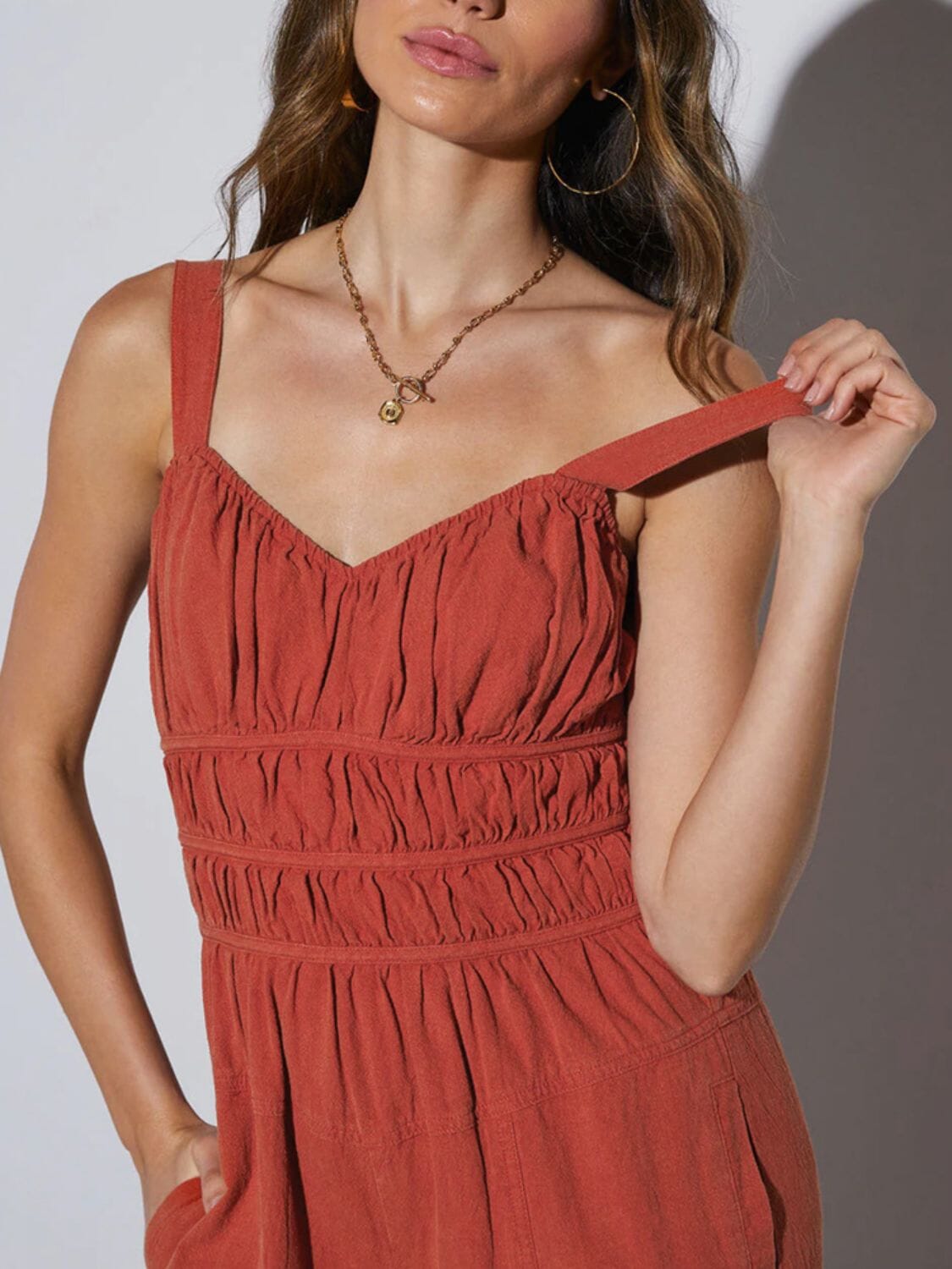 Ruched Wide Strap Jumpsuit with Pockets - Sydney So Sweet