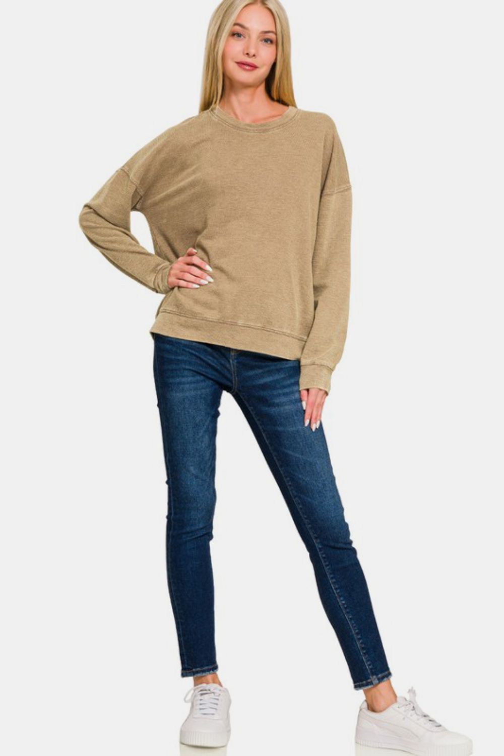 Zenana Washed Round Neck Dropped Shoulder Sweatshirt - Sydney So Sweet