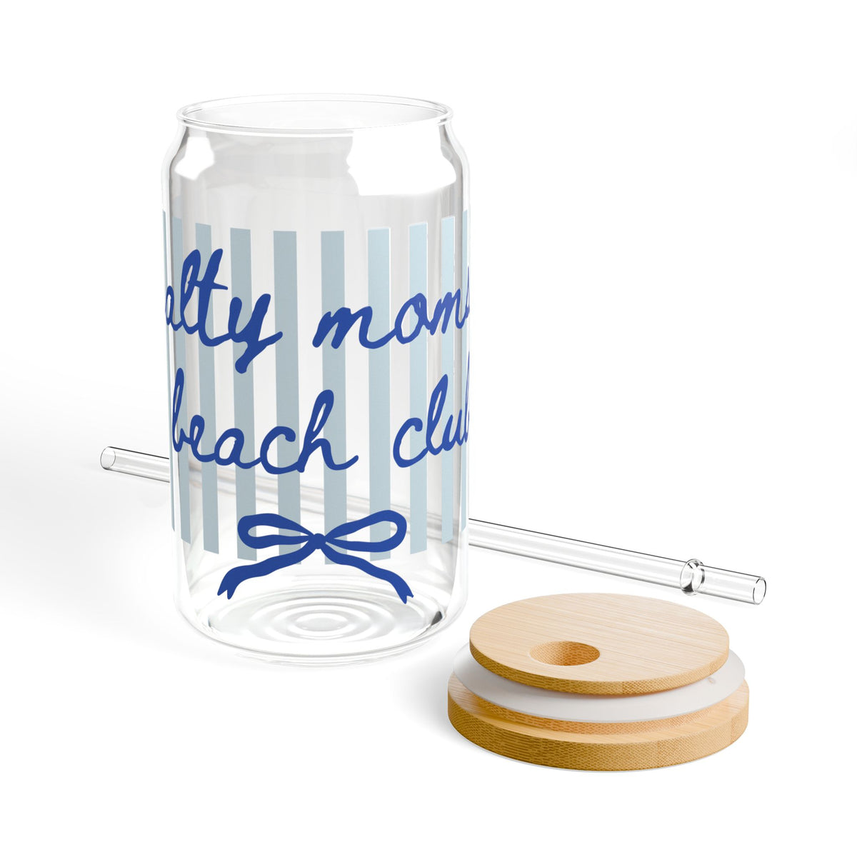 Salty Mama Beach Club Blue Stripe Sipper Glass 16oz Reusable Drink Jar with Lid & Straw