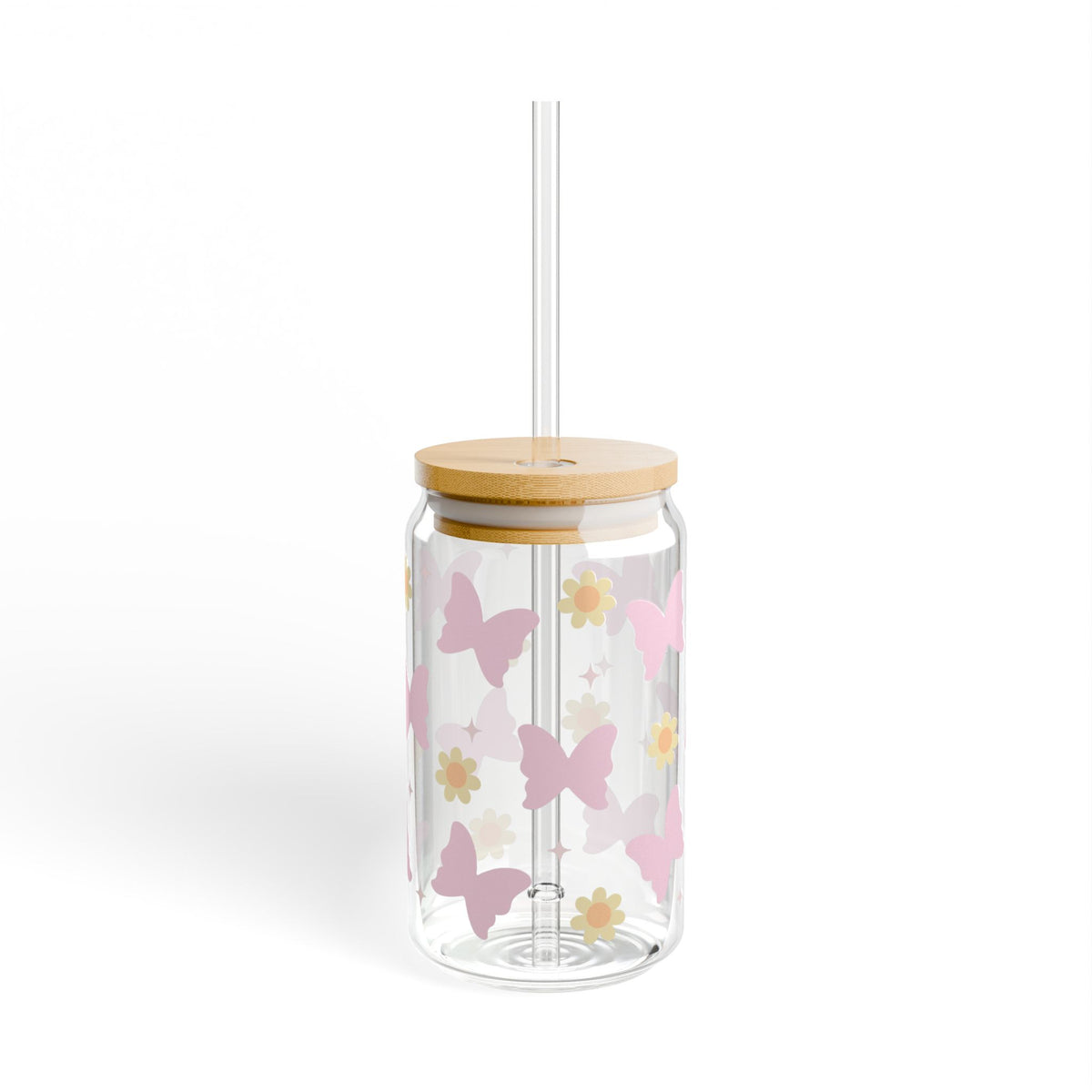 Boho Butterfly & Floral Sipper Glass 16oz — Reusable Drink Jar with Lid & Straw