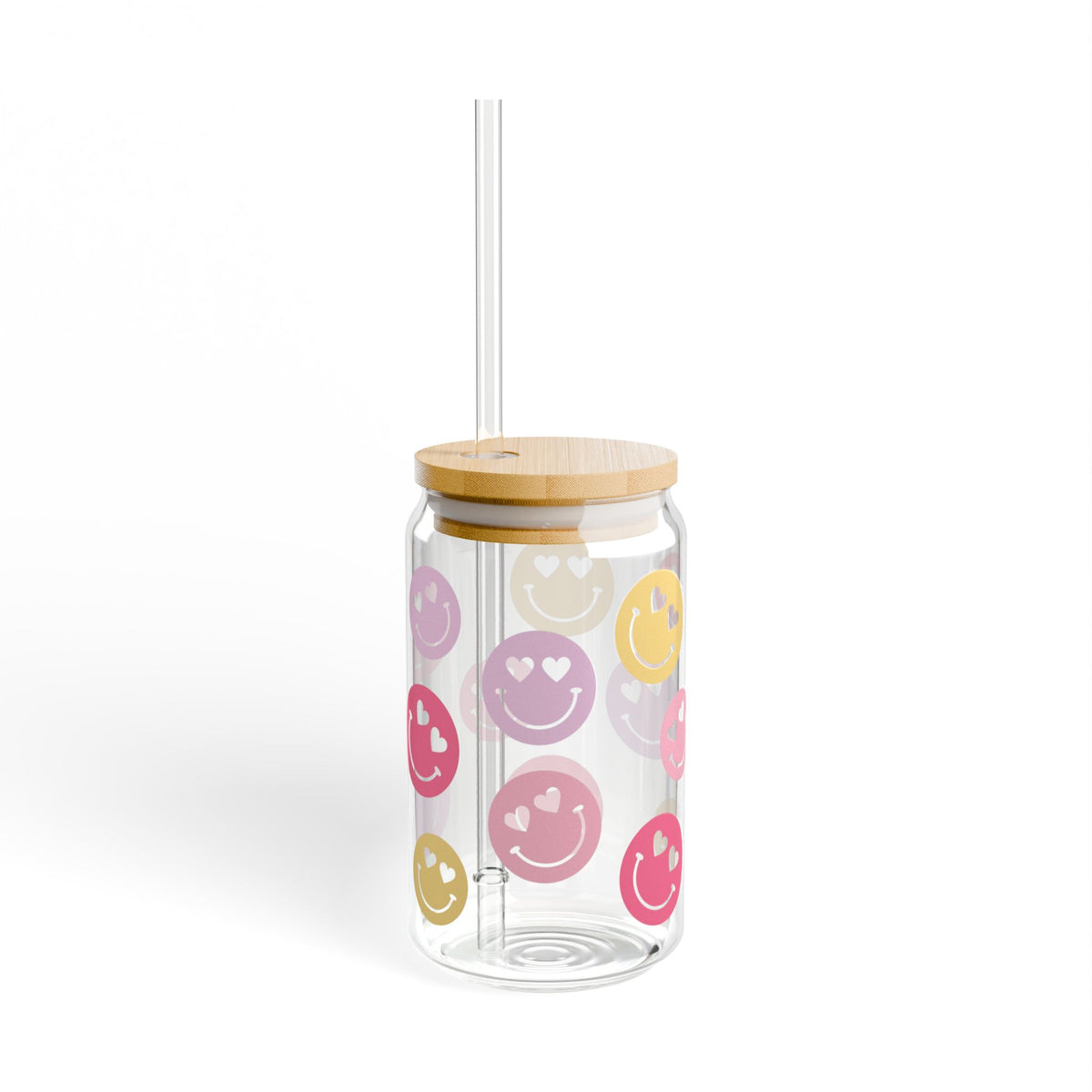 Heart Eyes Smiley Face Tumbler Sipper Glass 16oz — Reusable Drink Jar with Lid & Straw