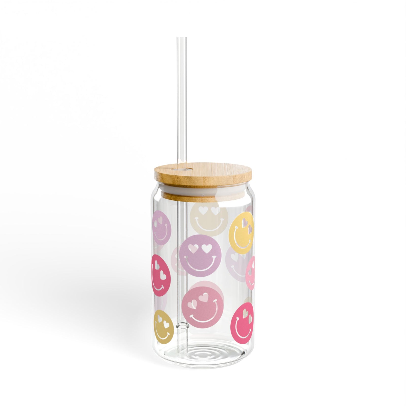 Heart Eyes Smiley Face Tumbler Sipper Glass 16oz — Reusable Drink Jar with Lid & Straw