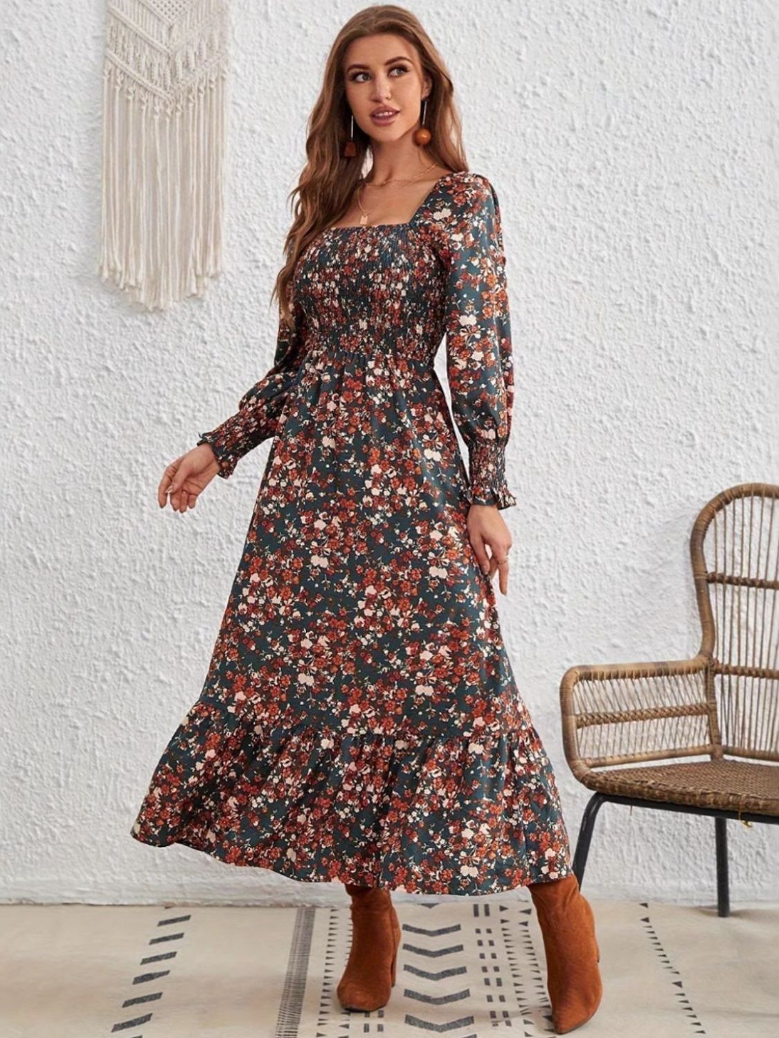 Smocked Floral Square Neck Long Sleeve Dress - Sydney So Sweet