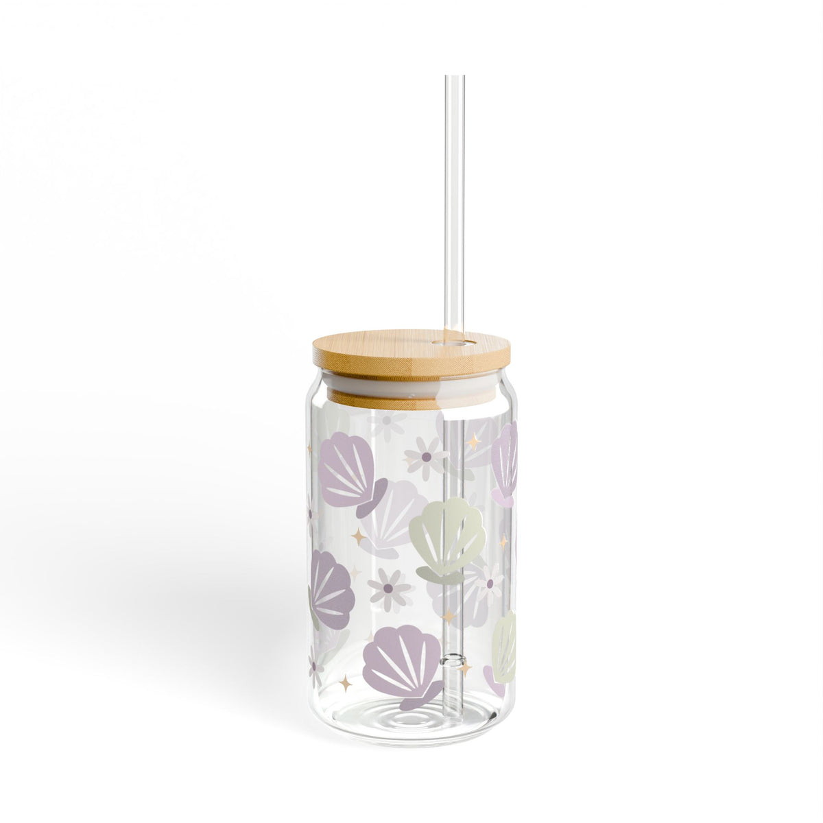 Floral & Seashell Lavender Sipper Glass 16oz — Reusable Drink Jar with Lid & Straw